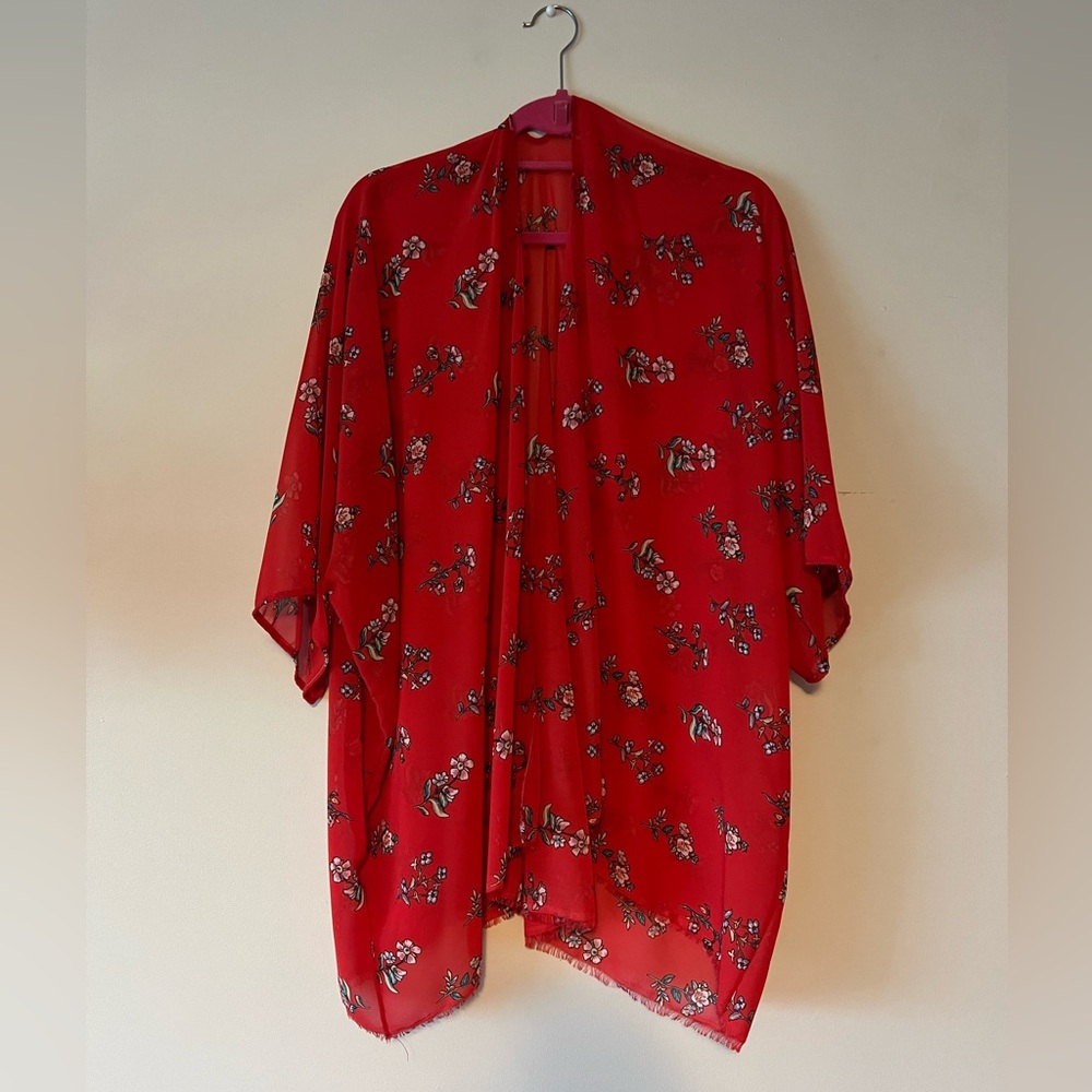 Red Floral Draped Kimono-Style Cardigan
